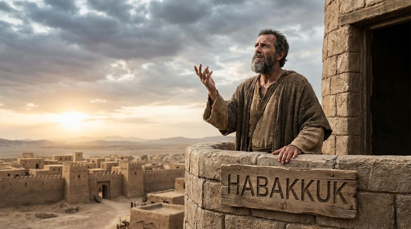 O profeta Habacuque na torre de vigia questionando a Deus